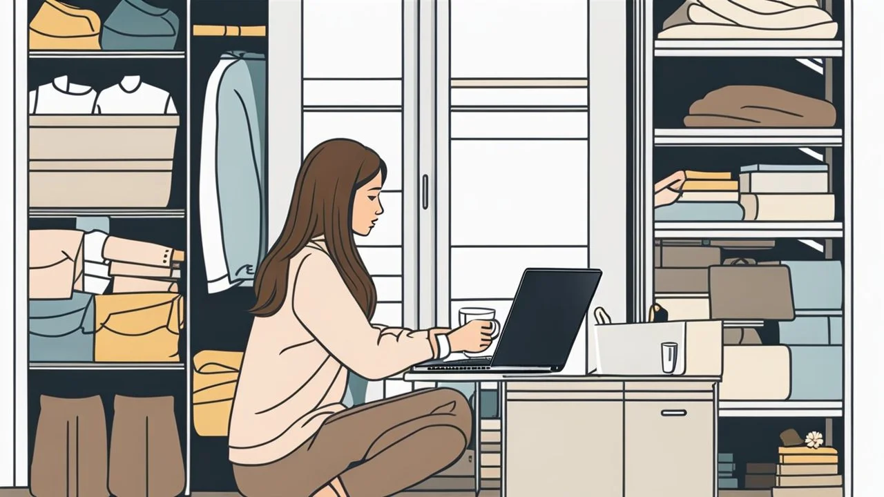 photo of a woman sits in a wardrobe, surrounded by shelves of clothes and working on a laptop, she has half-length brown hair and wearing pajamas , pale light, half socks and a mug of coffee next to her, high detalied, sharp focus, high reality mood, perfect shot