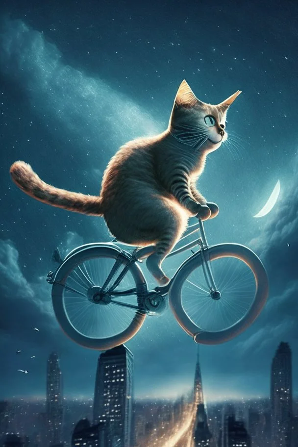 A pedaling cat riding a bicycle is flying at night in the sky over tall buildings.