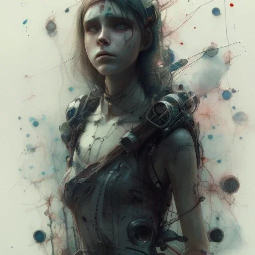 Singer Danish MØ face, Style John Kenn Mortensen,cyberpunk, watercolor illustration by <agnes cecile> <Yoji Shinkawa>,