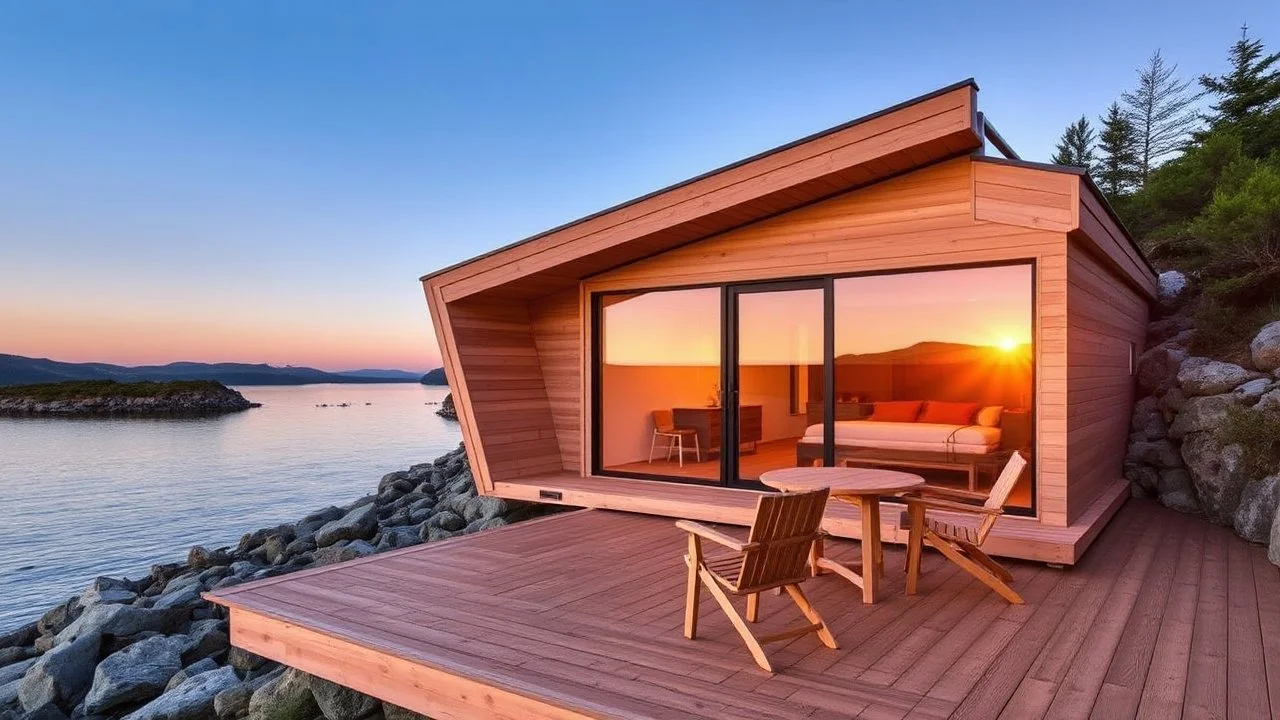 Image showcases a modern, minimalist wooden cabin situated on a rocky shoreline. The cabin features a unique angular design with large glass windows on one side, offering a panoramic view of the serene water body and surrounding landscape. The exterior is clad in light-colored wood, blending harmoniously with the natural environment. In front of the cabin, there is a spacious wooden deck furnished with simple wooden chairs and a table, providing a cozy outdoor seating area. The setting sun casts