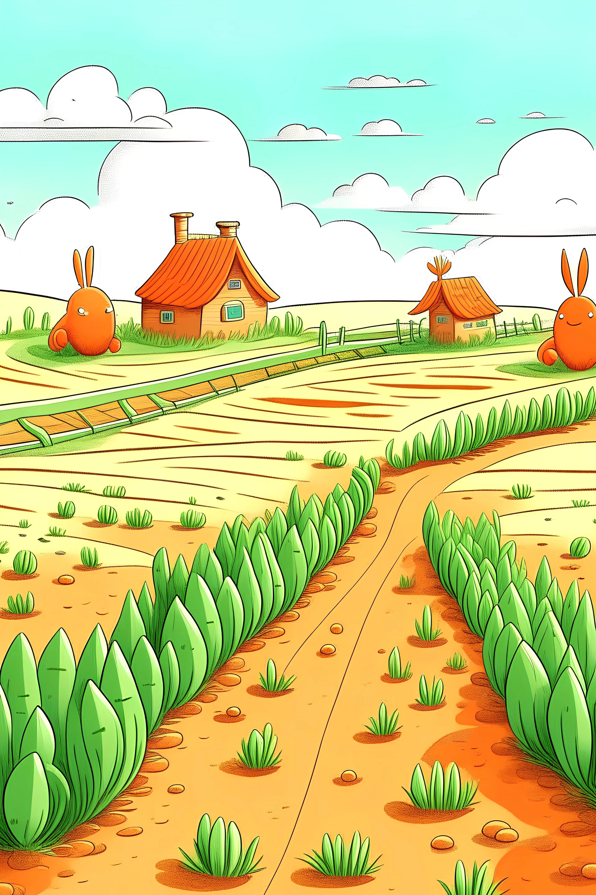 A cartoon drawing of a field of carrots and on the right is a small hut in the shape of a cute rabbit during the day