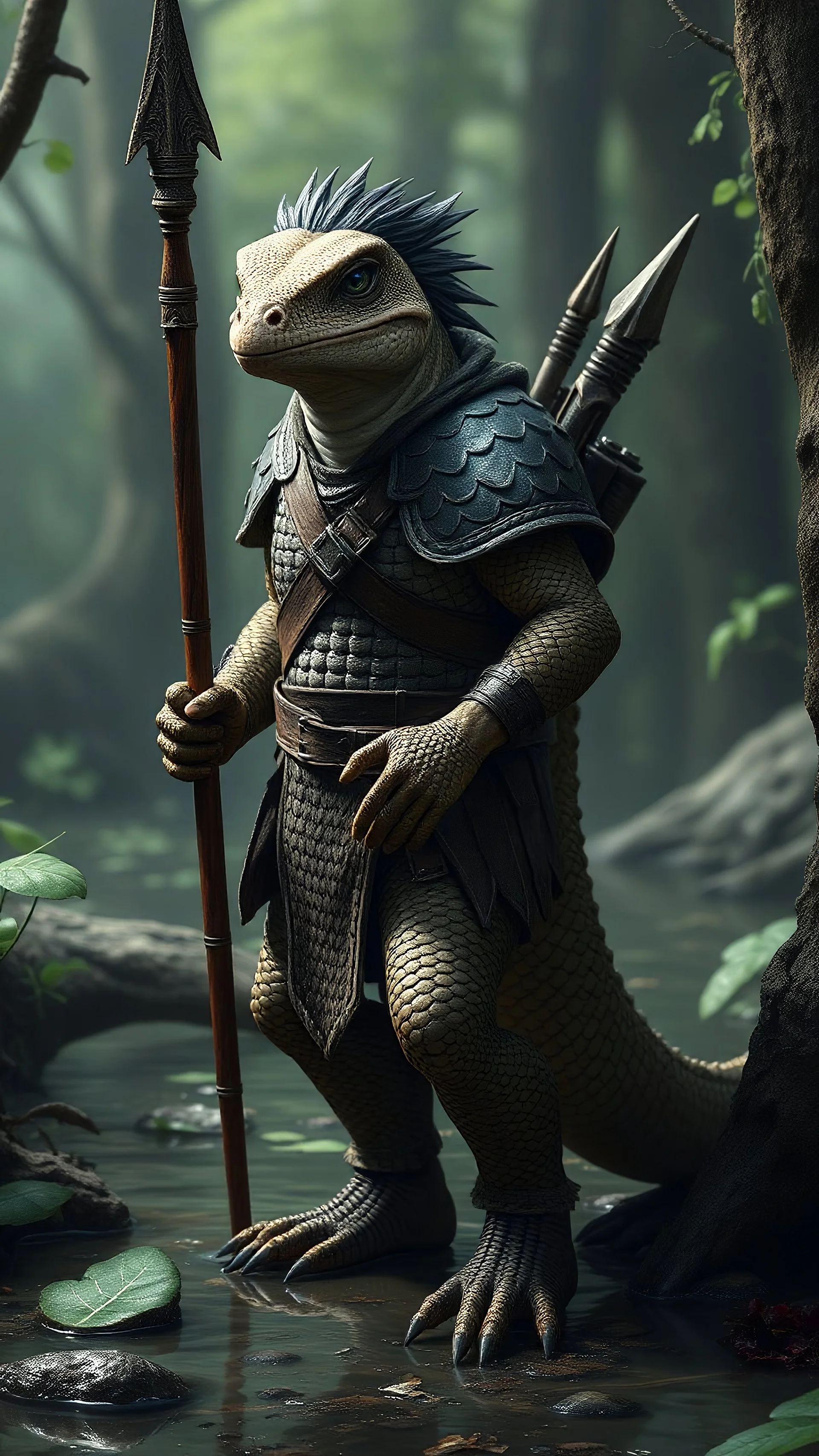 create a middle-aged lizard man, large size 2 meters for Dungeons and Dragons, light brown skin, with dark hair, dark green eyes, wearing scale armor a bow behind and a light spear a traveling boots in a hanted swamp, realistic, digital art, high resolution, powerful lighting