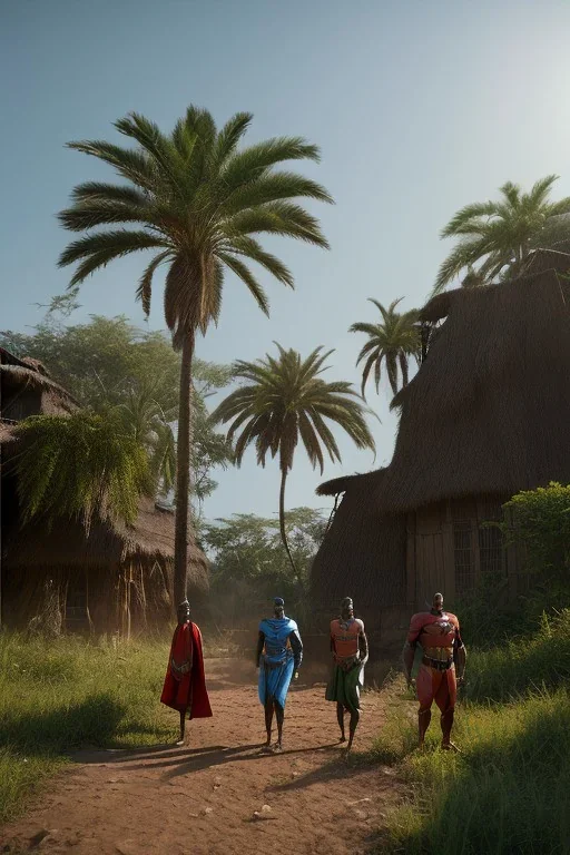 A photo taken from an african village "justice league", <character or scene>, kente, cinematic lighting --v 4 --q 2