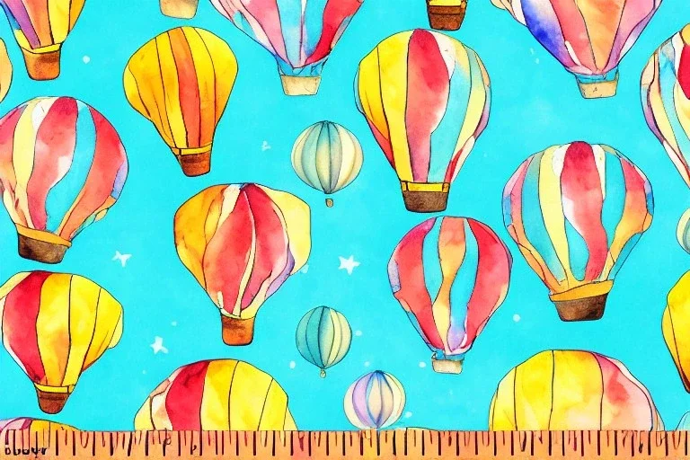 giftwrap pattern with watercolor of a hot air balloon, children's book illustration, white parchment paper, wrapping paper, warm colors