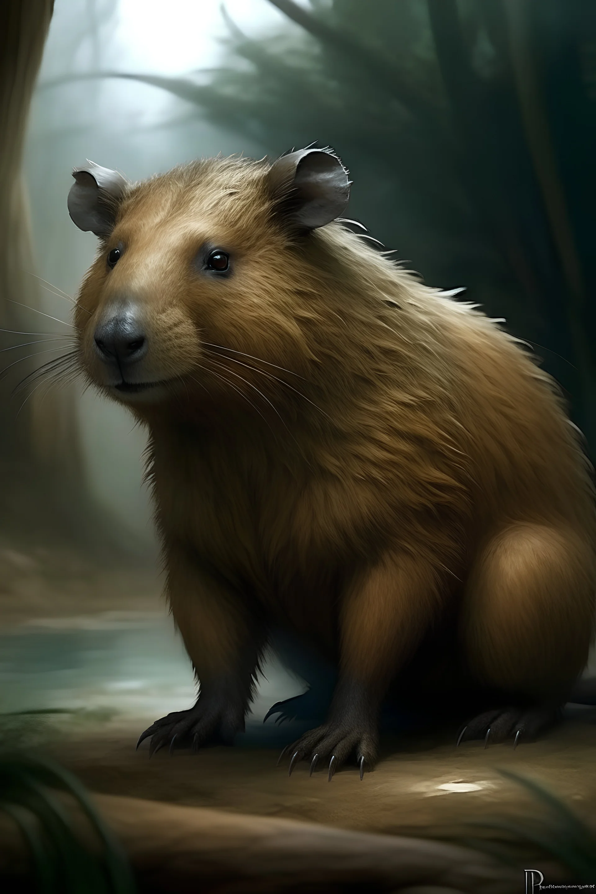 picture of a capybara-wombat-bear-koala-hybrid. concept art in the style of Alan lee d&d larry elmore greg rutkowsky john howe. hyperrealistic 3d-render