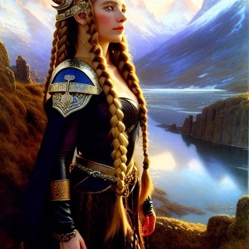 portrait beautiful face viking queen,braids,busty,horned helmet,snow,castle,mountains,ancient leather armor, balanciaga fashion clothe painting by gaston bussiere, greg rutkowski, yoji shinkawa, yoshitaka amano, tsutomu nihei, donato giancola, tim hildebrandt, oil on canvas, cinematic composition, extreme detail,fit full head inside picture,16k