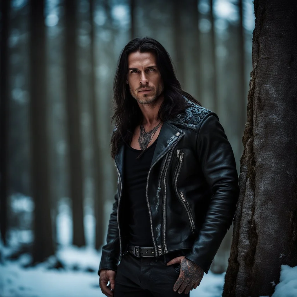 Handsome and muscular 30 year old mountain man with long hair and tattoos, wearing furry leather jacket, dark fantasy, snowy forest