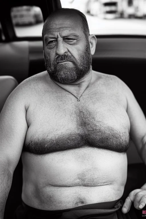 full body shot photography of an Italian sicilian taxi driver burly ugly sitting in the taxi, chubby tired 55 years old driving shirtless, bullneck, thin gold chains, short beard, sweat, short hair, bulge, robust, manly chest, looking down, big shoulders,, photorealistic, side light, ambient occlusion, tired eyes. 35mm lens, internal view inside the Taxi