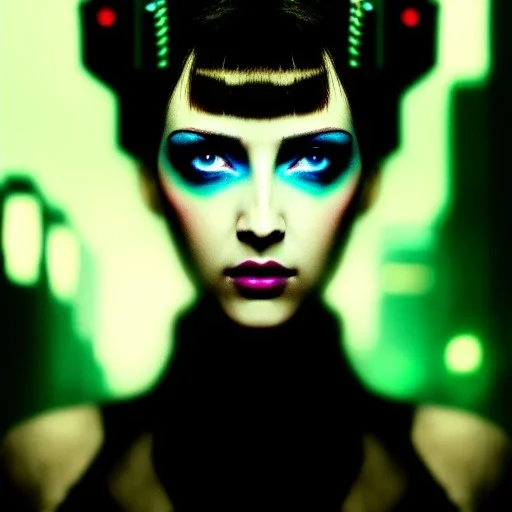 portrait oil on canvas, beautiful punk busty female Blade runner Replicant, intense stare, sad glowing eyes, post-apocalyptic in a cyberpunk city,minimal skintight latex dress, bladerunner movie poster, realistic, Crystal Big green eyes , intricate detail, , sci-fi fantasy style, masterpiece, volumetric lighting, particles, highly detailed ,cinematic , deep colours,8k, in the style of Kaare Andrew