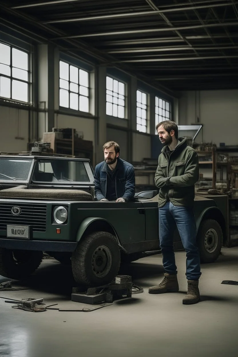 two haggard in their mid 30s looking men working in a land rover warehouse selling car parts to the public they ahte each other