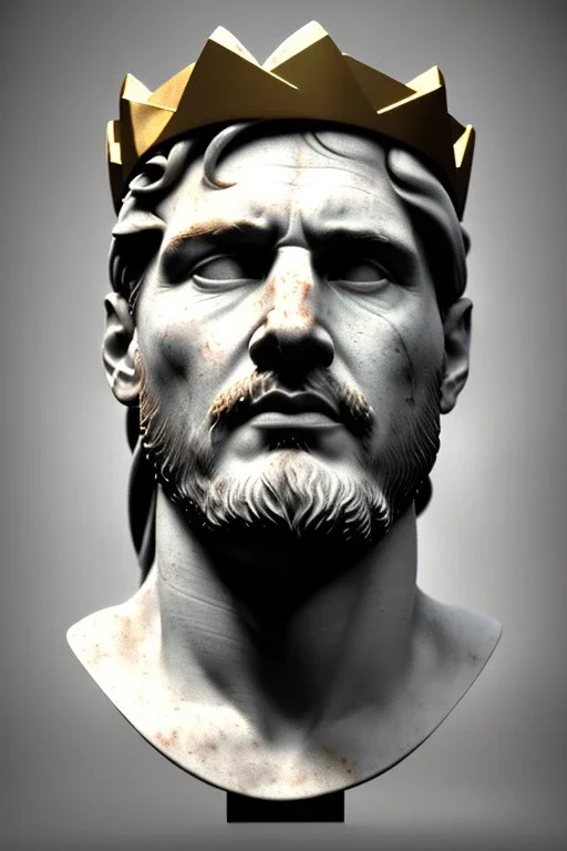 Ultra Realistic image, Roman sculpture bust, clean white marble material, Lionel Messi, gold crown of thorns, renaissance ornaments, one gold star, gradient background, cinematic lighting, god light, 4k resolution, smooth details, ornate details, soft lighting, unreal engine 5, art station, substance 3d.