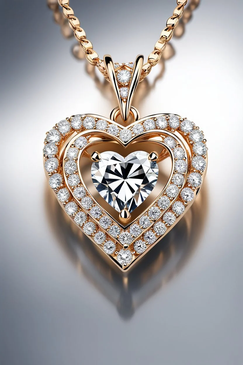 Create a visually stunning and luxurious image of a diamond necklace with a big symetrical heart shape diamond at the center and 3 layers of small round diamonds around it