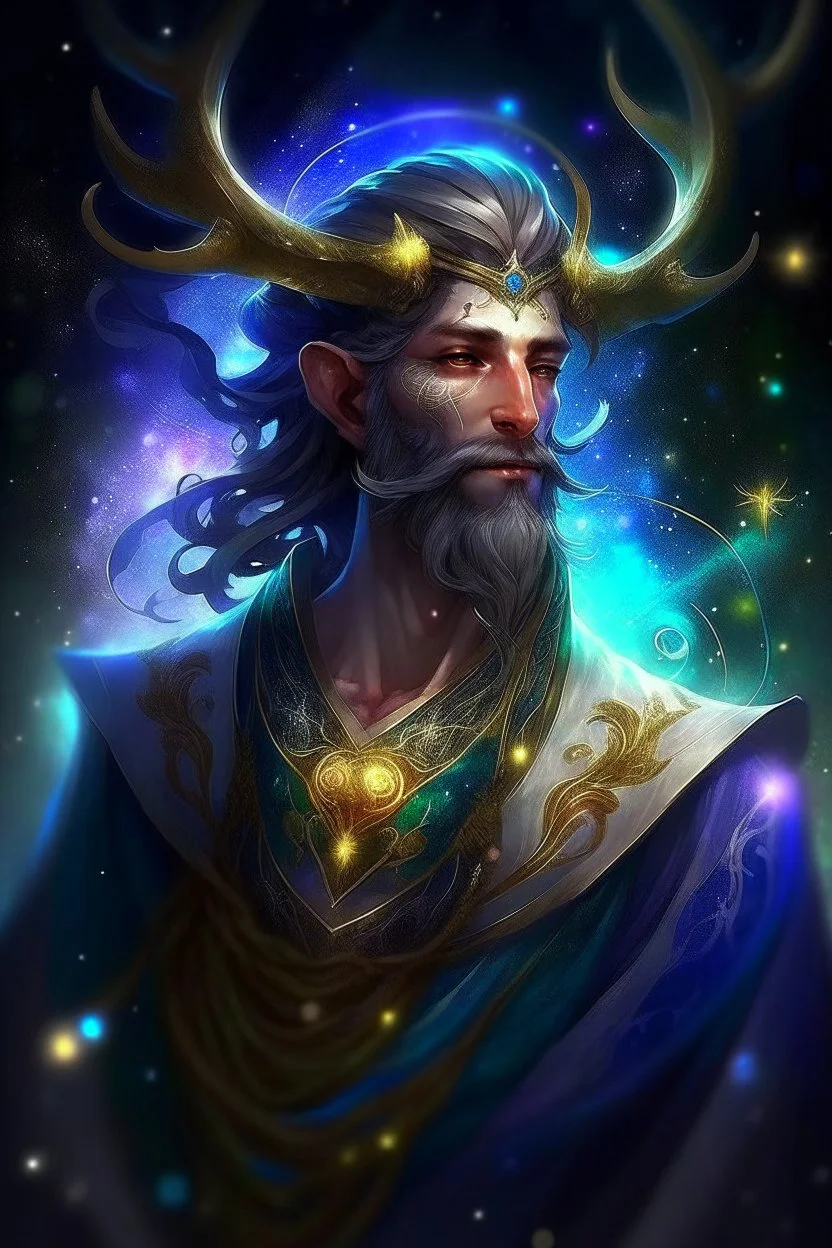 starlight hair prismatic ethereal constellation Eladrin Male antlers beard druid of the stars