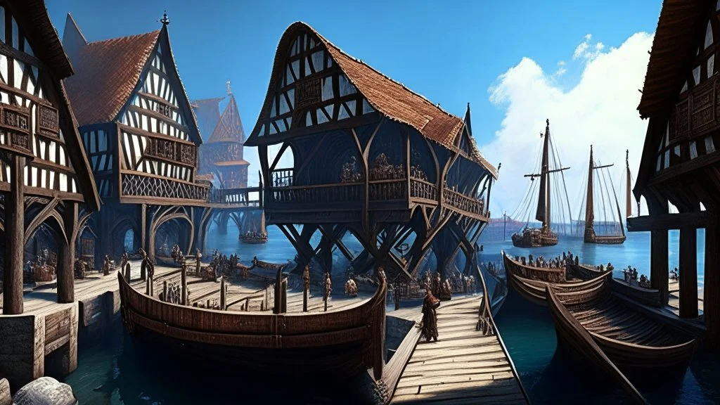 gothic medieval wooden harbour with piers and ships, people, shops, bridges, arches, balconies, taverns, blue sky, photorealistic