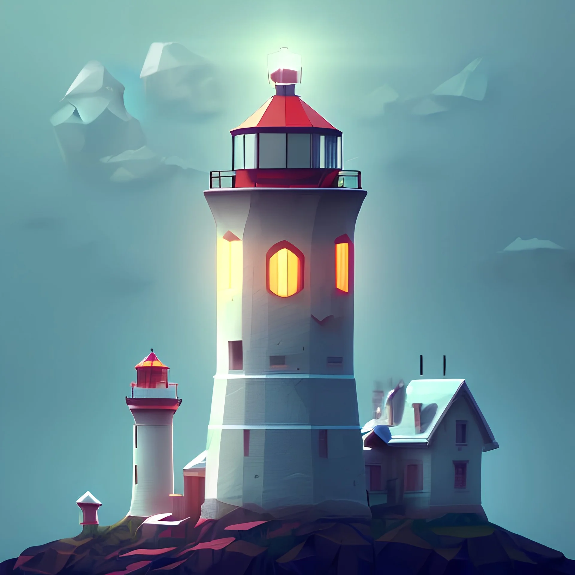 low poly art style, tiny cute isometric very detailed 1lighthouse shining light, ominous low poly grey clouds, soft smooth lighting, with soft colors, god rays, mist on the horizon, 100mm lens, 3d octane render, trending on cgsociety, (modular constructivism), gradient background, physically based rendering, centered.