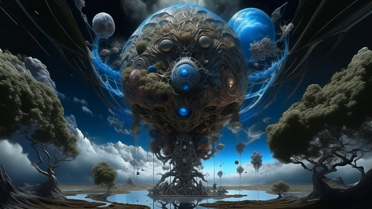 photorealistic flying monstruous deformed nightmarish Tlaloc, galactic multiverse, infinity vanishing point, gigantic glass exoplanet Titan, hyperboloid Trompe-l'œil, quasar thunderstorm,