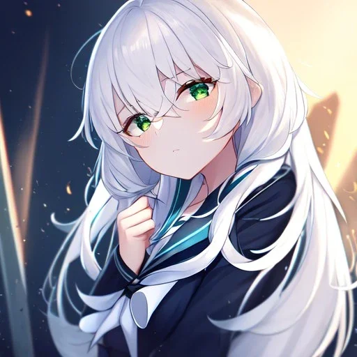 Clear focus, High resolution, white hair, long hair, long locks, fluffy hair, between eyes,green eyes, wearing a sailor uniform, frowning, half closed eyes, no blush, mad, 1girl, dark aura