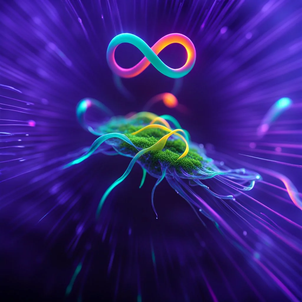 infinity symbol ∞ with vibrant single Plankton in water, striking, neon, chiaroscuro, dramatic, captivating, powerful, fantasy, beautiful, octane render, 16k post-production, artstation: award-winning: atmospheric: commanding: fantastical: clarity: ultra quality: striking: brilliance: stunning colors: amazing depth; lens: f/11, 35mm