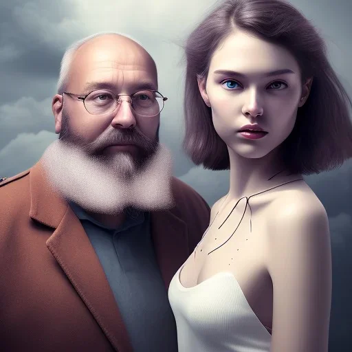 a young woman sitting next to a 50-year-old man with a beard and short hair, portrait, 8K, close-up face, anatomically perfect face, Highly detailed stunning full frame portrait, misty and cloudy atmosphere