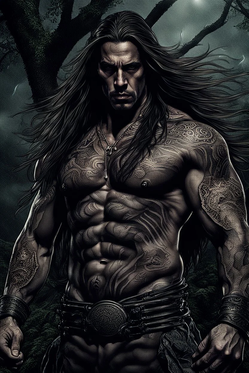 Jason David Frank Very muscular man with long hair and tribal tattoos in armani suit in forest, realistic face, close-up, brutal, dark fantasy, smoke in the sky, lightnings, rain, intricate details, hyper detailed