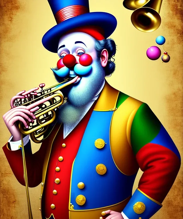 happy old friendly clown with round head and trimmed beard playing jazz with a steampunk theme, trumpet on mouth, circus, realistic