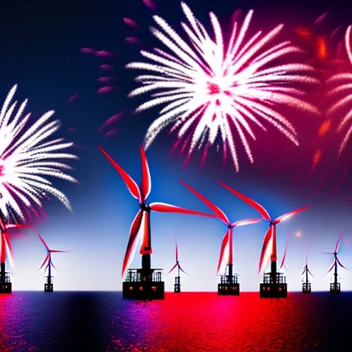 Offshore Windkraftanlage mit Feuerwerk im Hintergrund