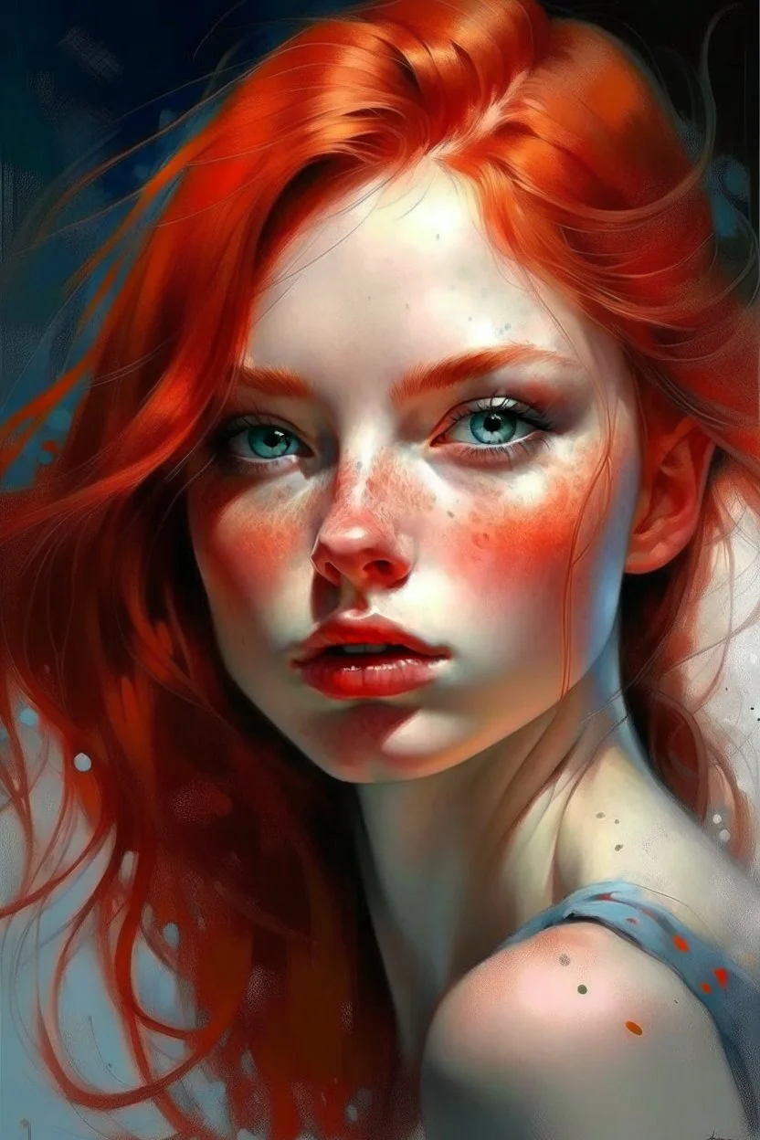 prompt: An image of a red-haired beautiful girl in the style of Mike Worrall, Stefan Gesell, Anton Semenov, Arthur Boyd, Gerald Scarfe, Wlad Safronow, Yves Tanguy and Christine Ellger. Style airbrush art with very soft muted colours and a hazy atmosphere. Bold oil paintings with thick brushstrokes and spots --ar 16:9