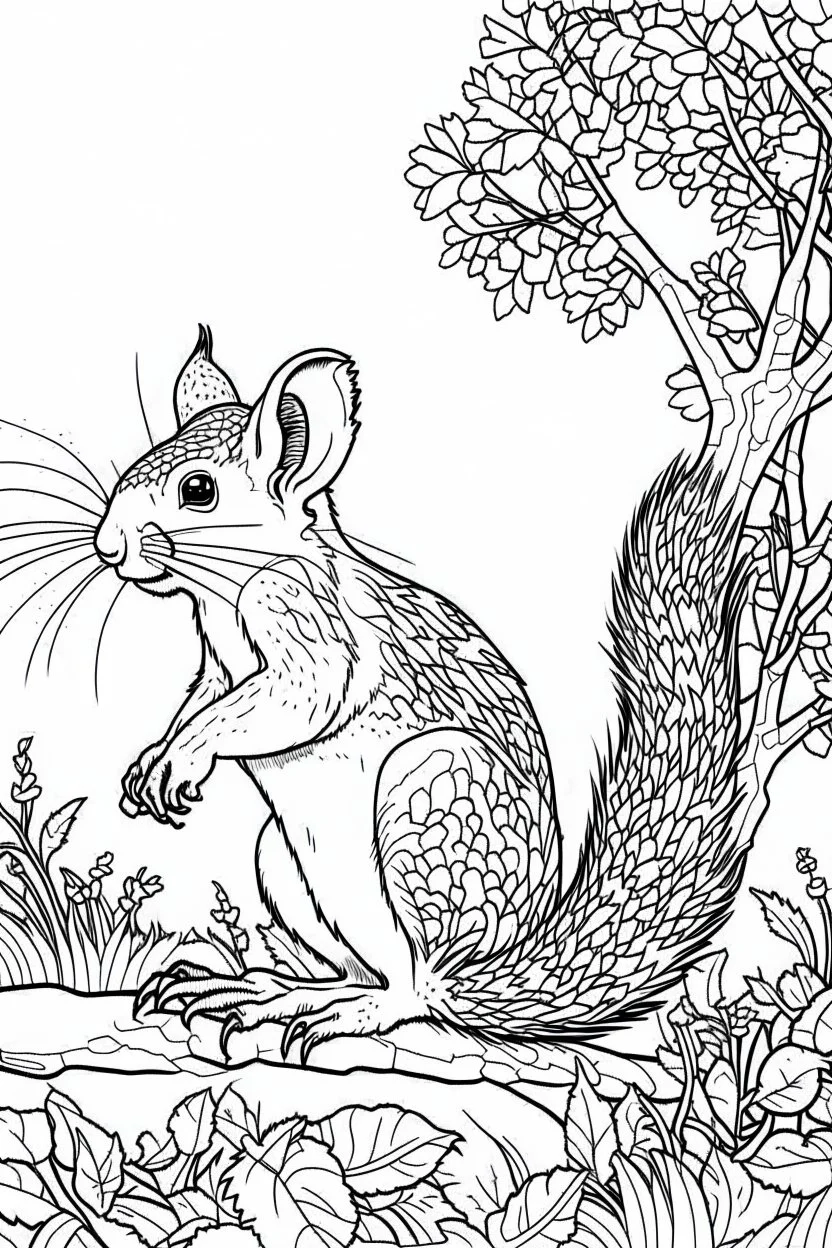 Outline art, no shading, squirrel full body in the garden, cartoon style, black and white, low detail, --ar 9:11