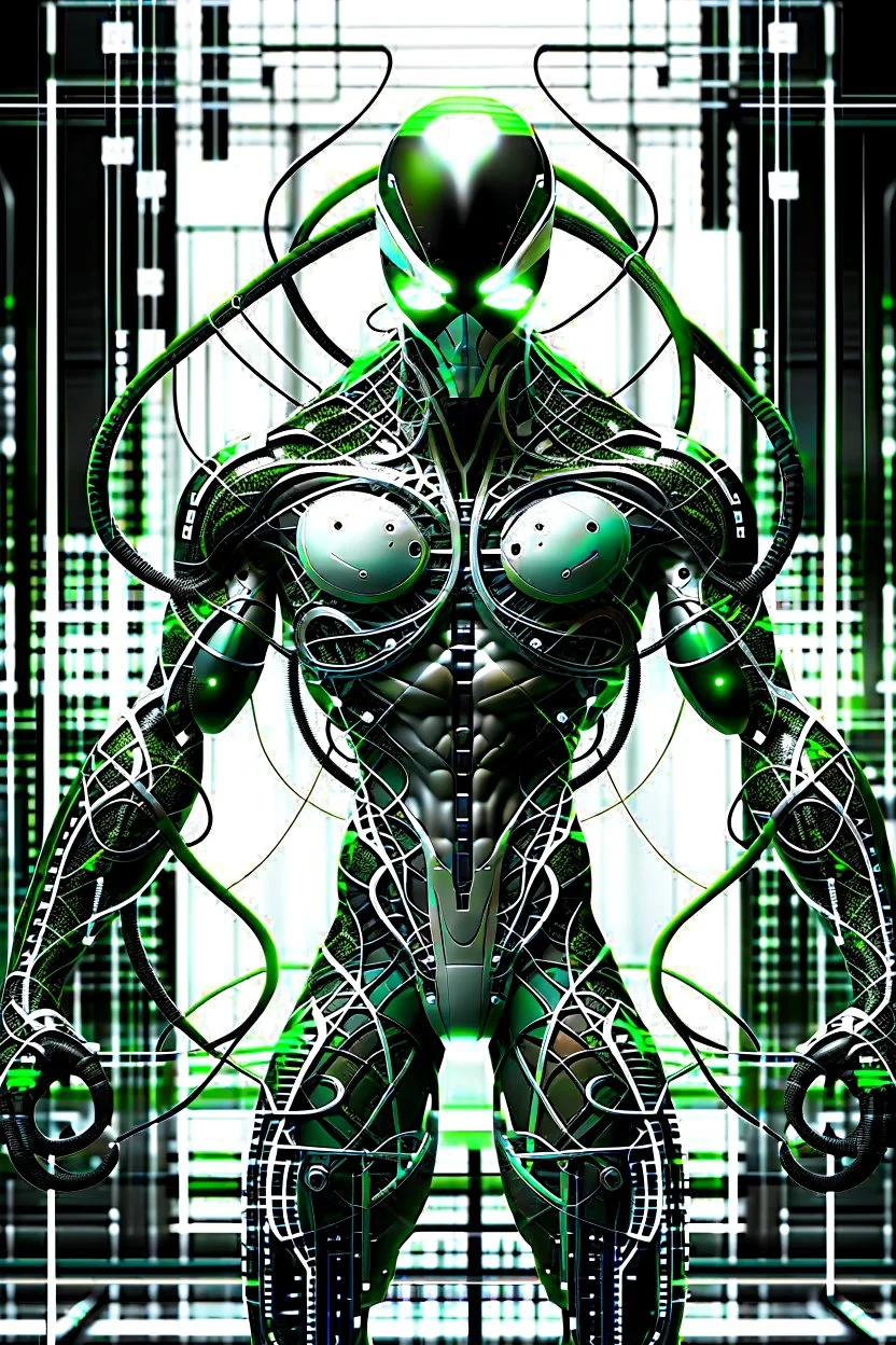 Cyborg symbiote, white color, green color, tendrils, high tech, cyberpunk, biopunk, membrane wings, carbon fiber, cyber tentacles, and the other two.