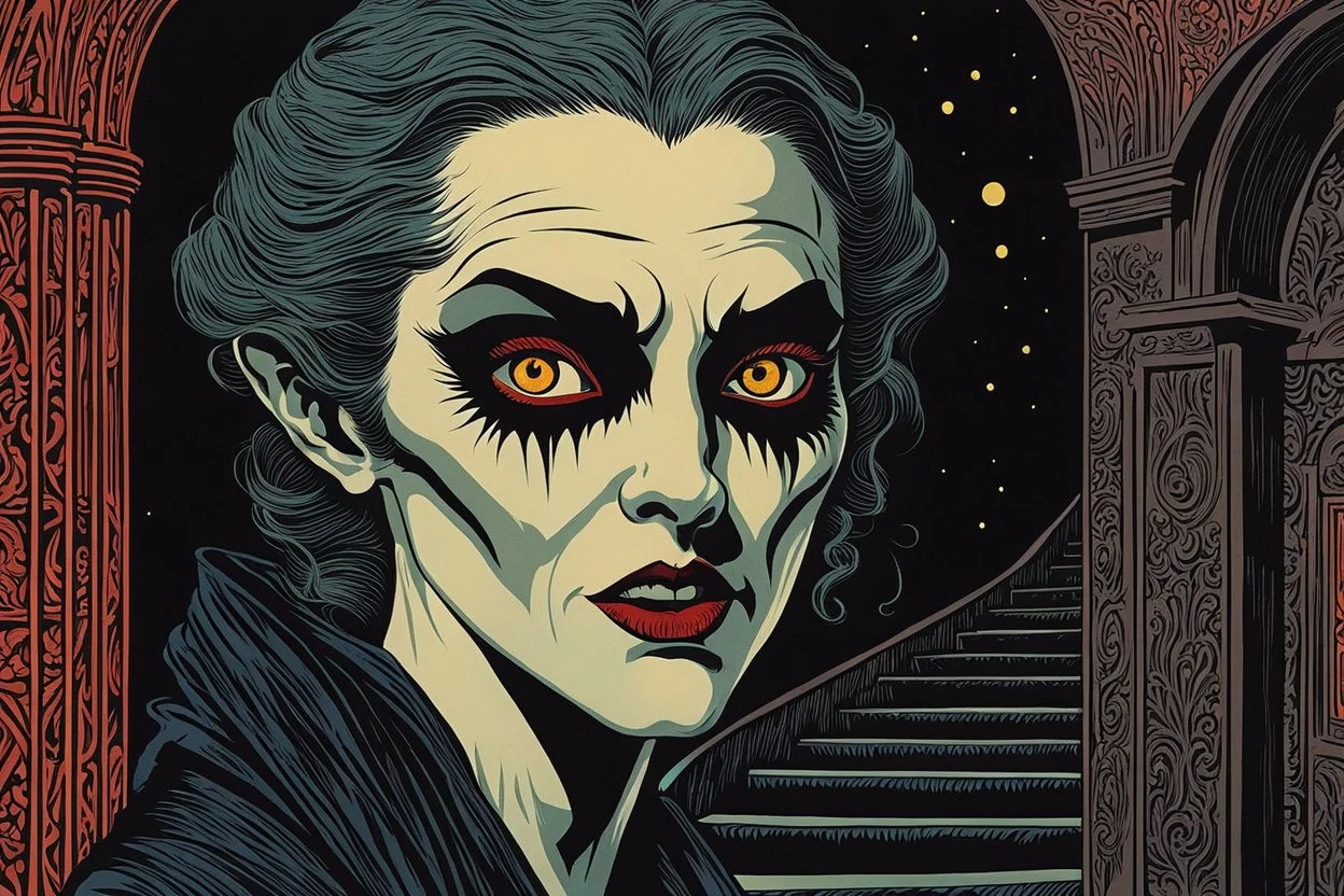 museum quality color woodcut of a sewer dwelling Nosferatu scholarly female vampire with highly detailed hair and facial features , in the style of Gustave Baumann, with a fine art , graphic novel aesthetic, highly detailed, finely cut ,8k render,