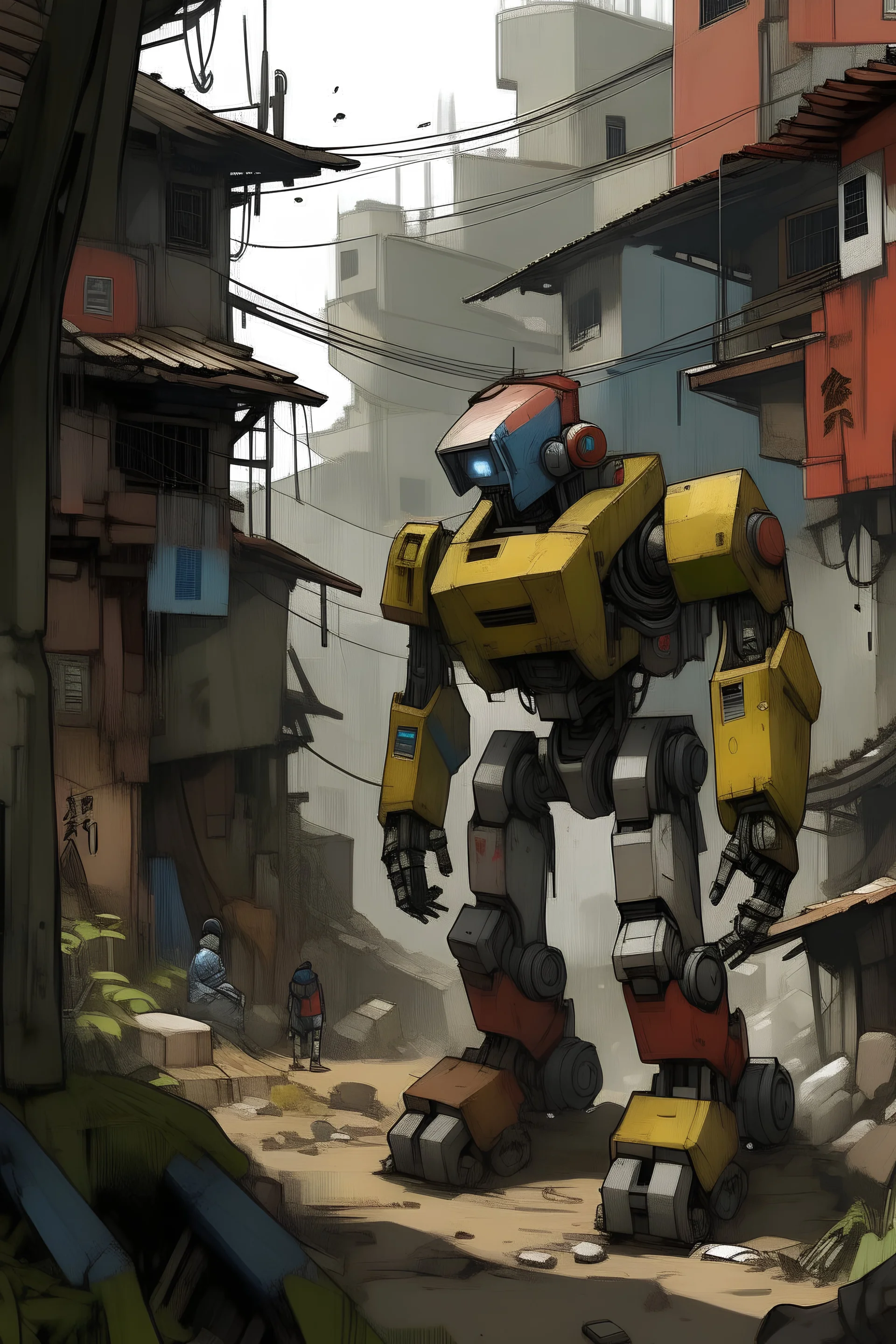 A mecha robot in a favela in expressionist style