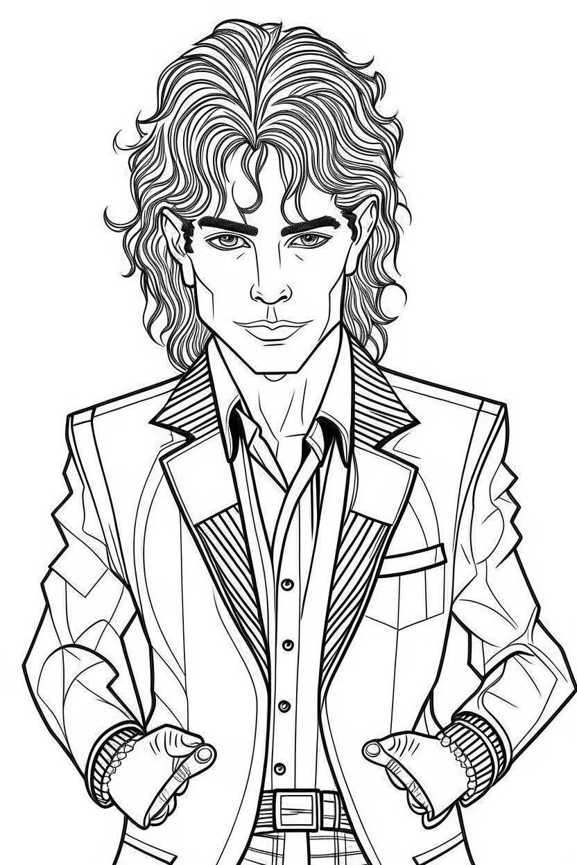 Michael Jackson, b&w line art style fashion, preppy style, simple line art, one line, line art, line drawing style, white background, full body, picture, coloring book style on white background, well composed, clean coloring book page, No dither, no gradient, strong outline, No fill, No solids, vector illustration, –ar 9:11 –v 5