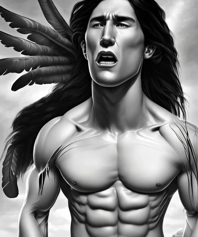 native american warrior, long black hair, big muscles, face up, mouth wide open, scream face, shirtless, looking to the sky