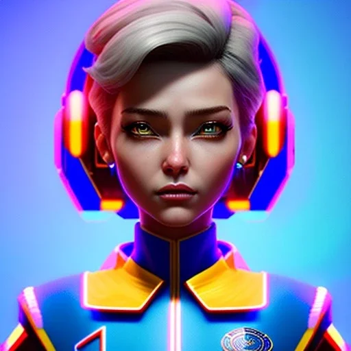 waitress cyber woman, american, rounded face, blue short hair, purpurin, striped shirt, vibrant color, highly detailed, art stations, concept art, smooth, unreal engine 5, god rays, ray tracing, RTX, lumen lighting, ultra detail, volumetric lighting, 3d, finely drawn, high definition, high resolution.