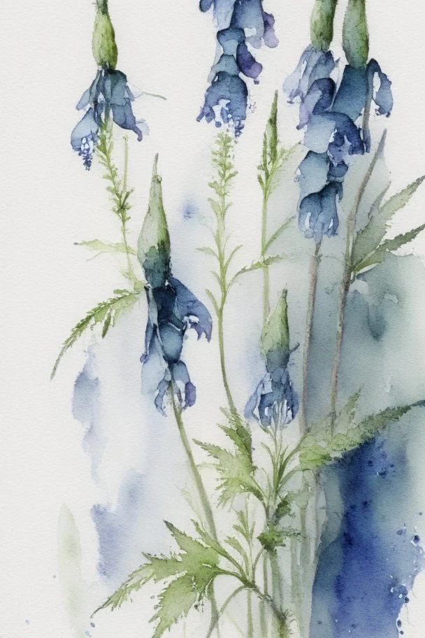 wet watercolour, blue green grey stalks delphiniums,