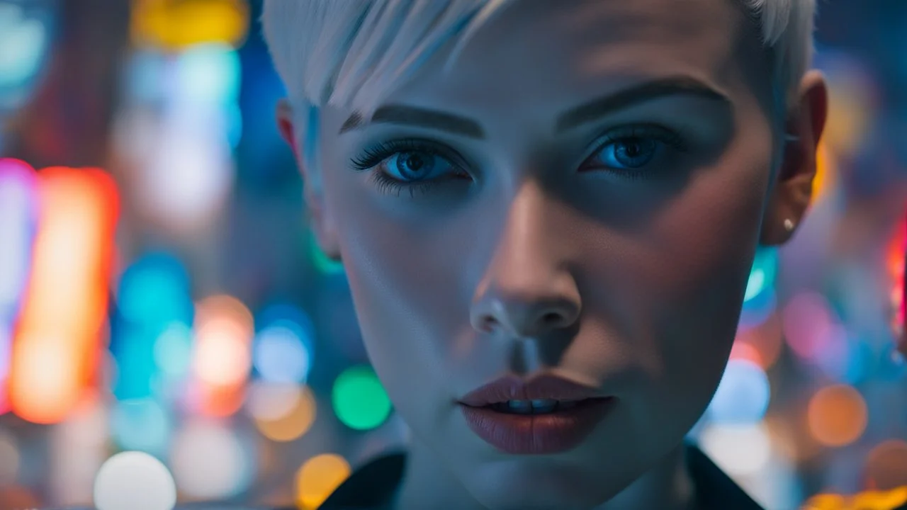 portrait of human android Anita, 25 years old female, short white hair, neat hairstyle tied back, white albino skin, shiny neon blue eyes, big eyes, very many freckles on her face, with a blue blure glowing tattoo on her neck: , nice, kind and friendly face, blur background with white-blue neon lights