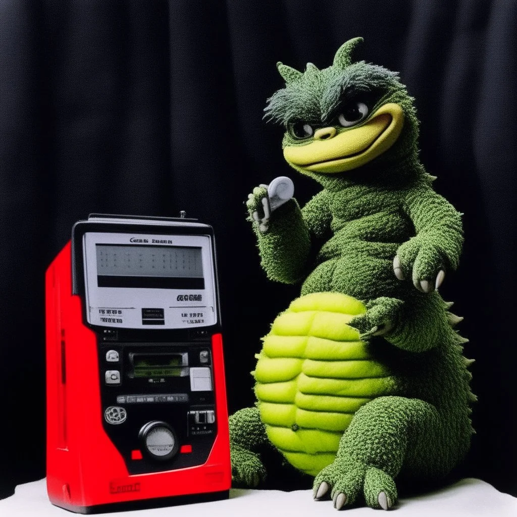 Godzilla as a baby muppet kawaii calling phone using a cellphone nokia, studio photo. Magazine 1980