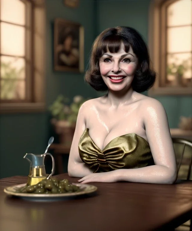 Ultra realistic photographic portrait, happy young Gina Lollobrigida woman sitting with arms resting on Italian kitchen table, pretty ravioli dish, olive oil, renaissance style decoration, soft color, highly detailed, unreal engine 5, ray tracing, RTX, lumen lighting, ultra detail, volumetric lighting, high definition.