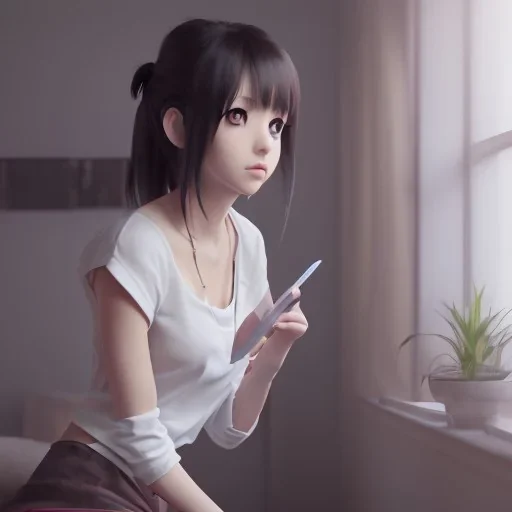 girl studying in room, anime style