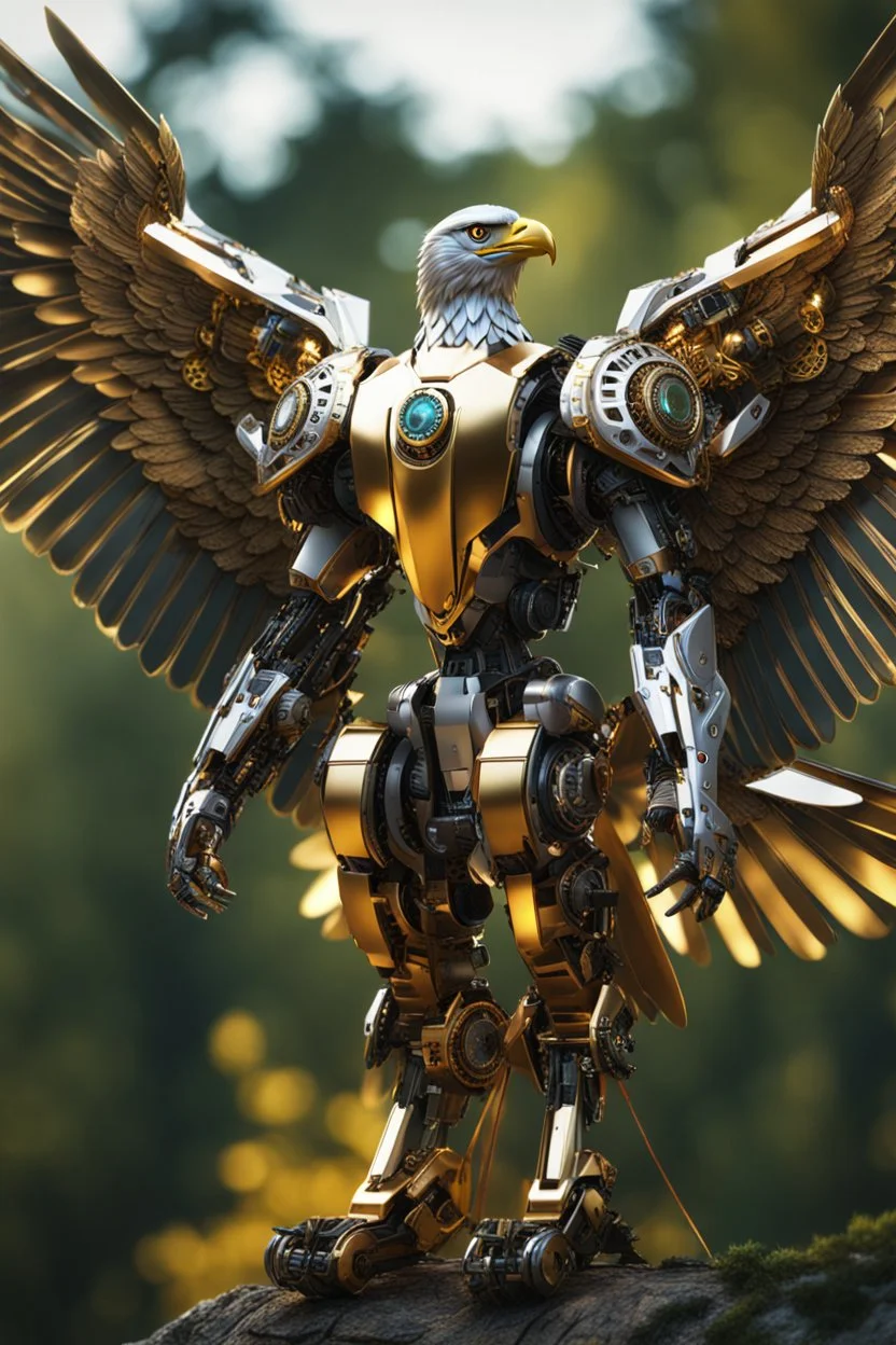 eagle cyborg straddle wings, detailed, intricate, mechanical, gears cogs cables wires circuits, gold silver chrome copper, blurred woodland background, shallow depth of focus, render, cgi, ray-tracing