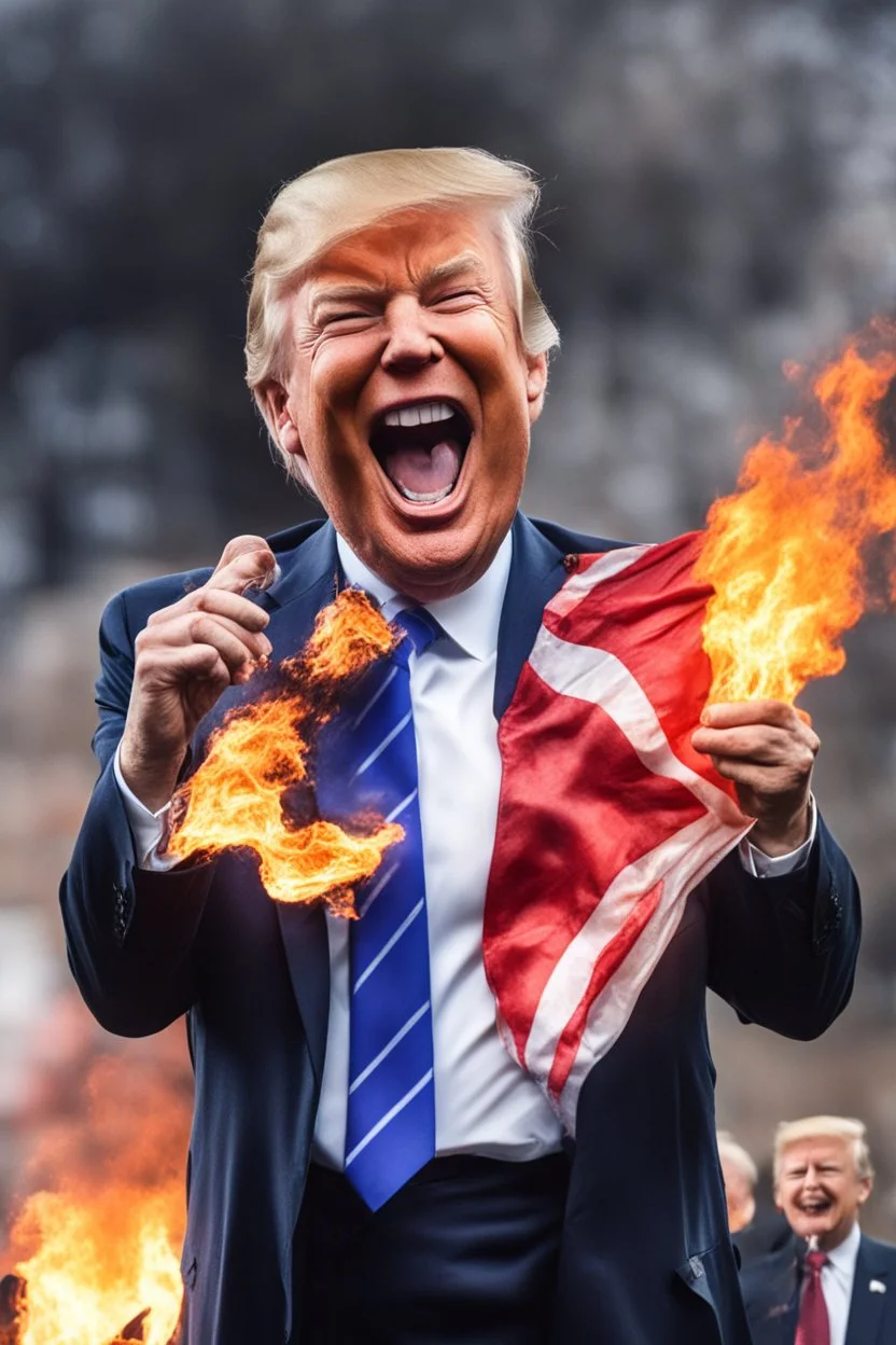 donald trump maniacally laughing, burning the american flag