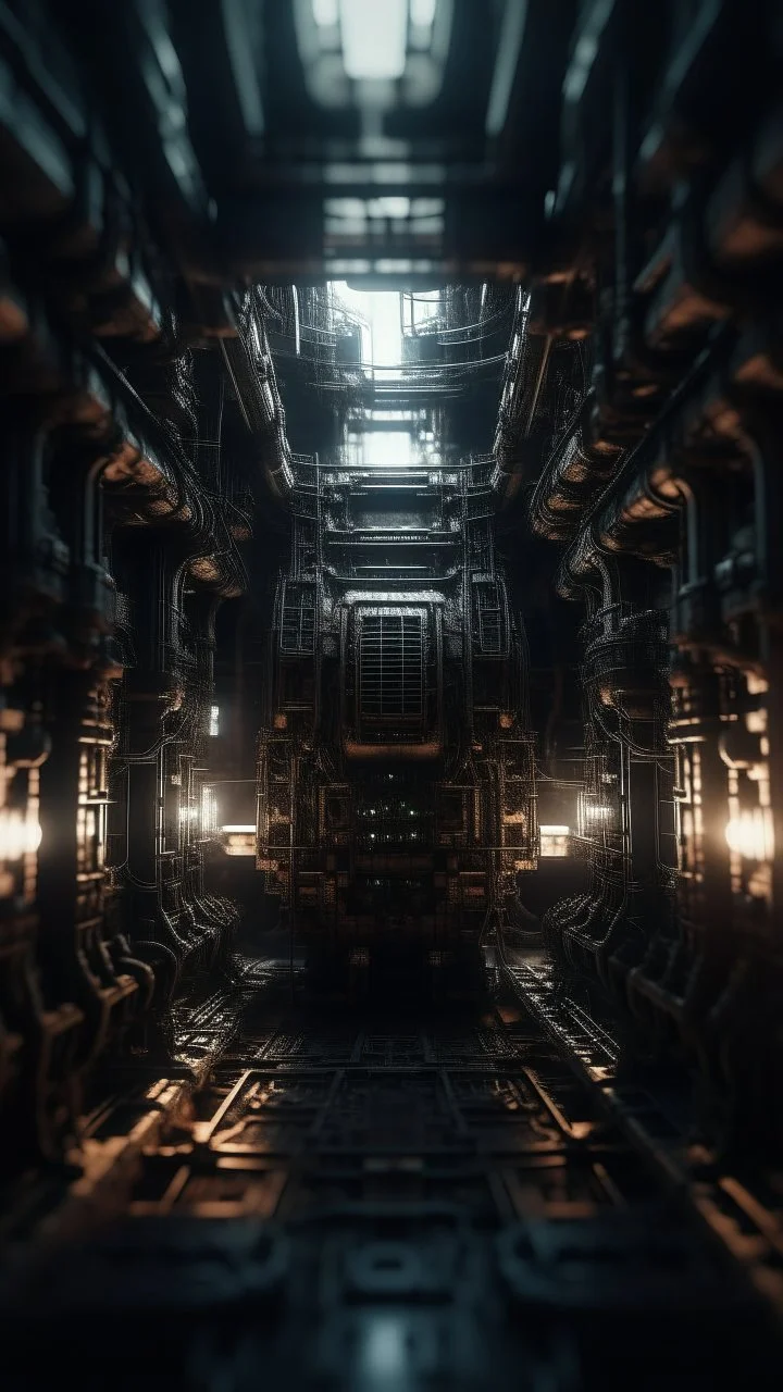 Si-Fi, The engine inside the big ship, atmospheric lighting effects, intricate industrial details, moody atmosphere, eerie grimdark ambiance, complex motherboard accents, speculative fiction art. Bokeh