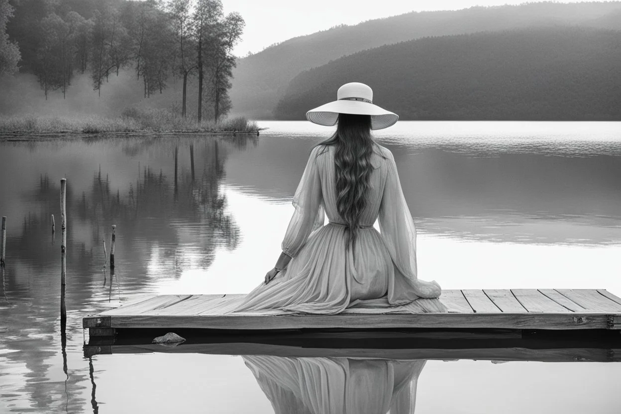 A long hair nice woman in a long vintage dress and hat sitting on the edge of a lake dock looking into the water, her reflection in the water, pale colors, black and white colors, peaceful mood, minimalist background, watercolor, style by Waterhouse, Cezanne, Jian Wu, Claude Monet, Christine Misencik-Bunn