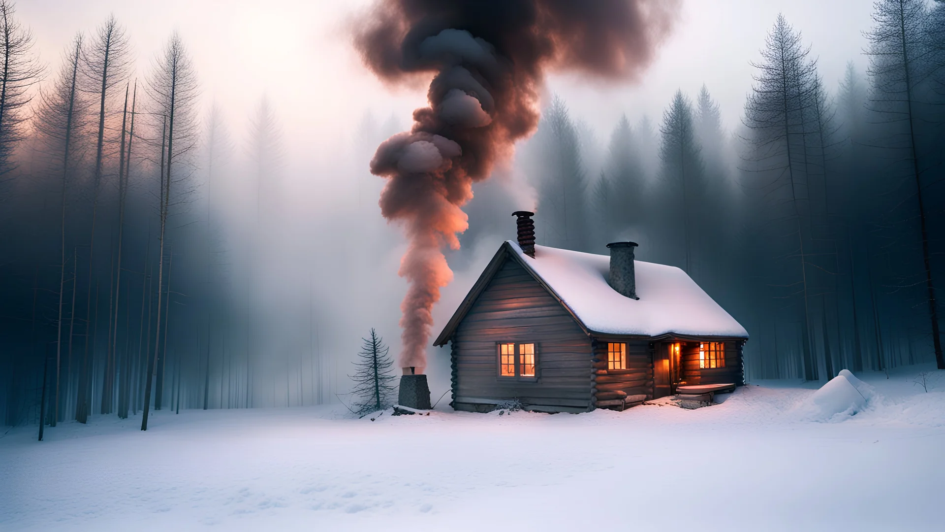 cabin in forest in winter smoke from chimney