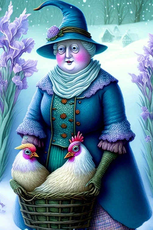 Friendly witch, playing with hens, perfect iris, pastel colours, snow, style Beatrix Potter