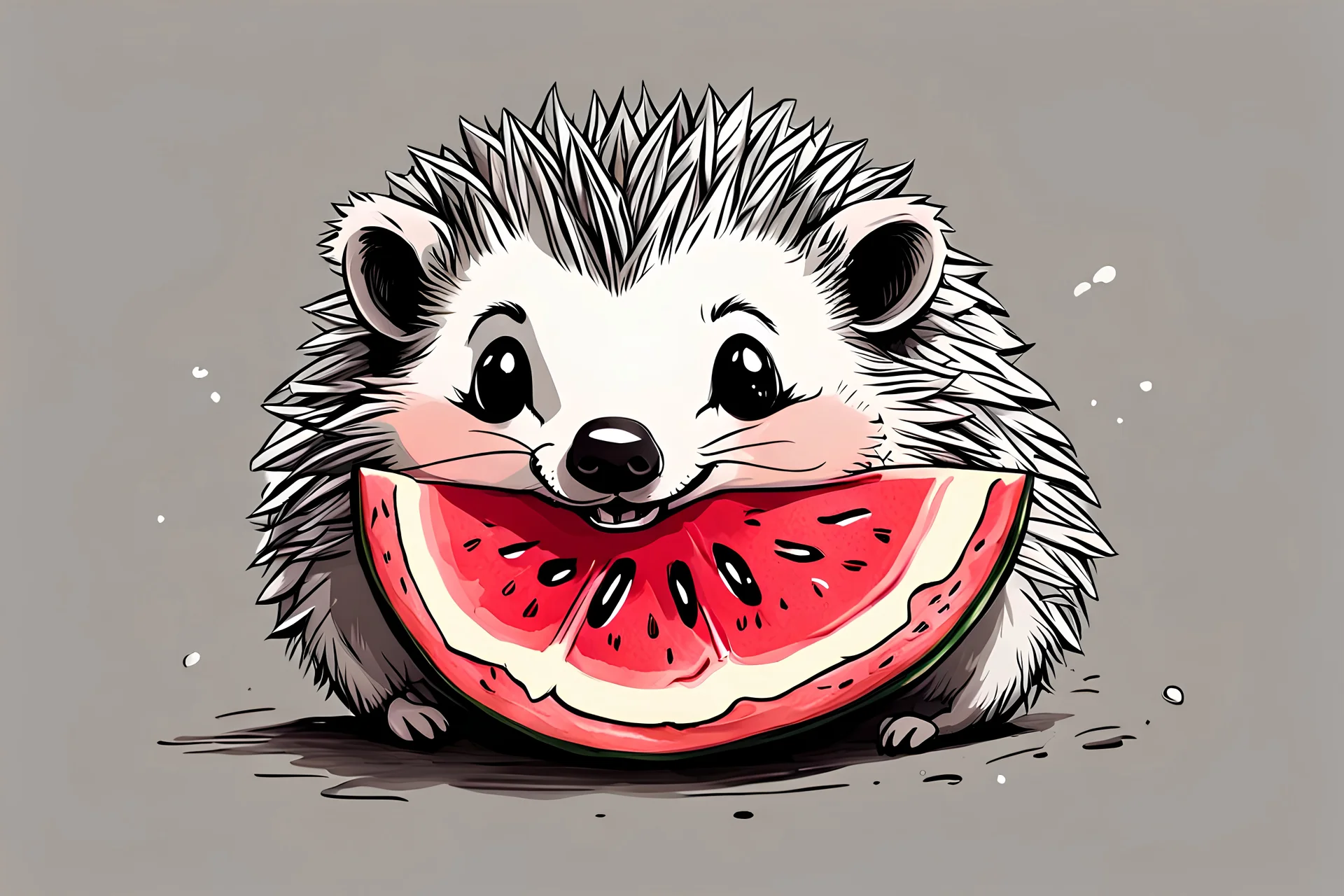 a cute, happy hedgehog taking a bite from a piece of watermelon, eyes closed, cute ink sketch style illustration