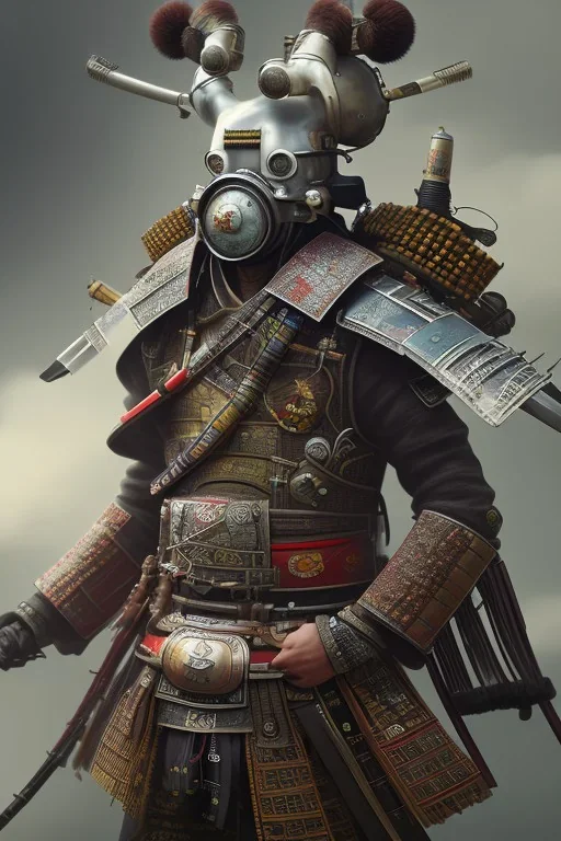 full portrai of gas punk samurai,high detail, volumetric lighting, tiny features, intricate detail,volumetric clouds