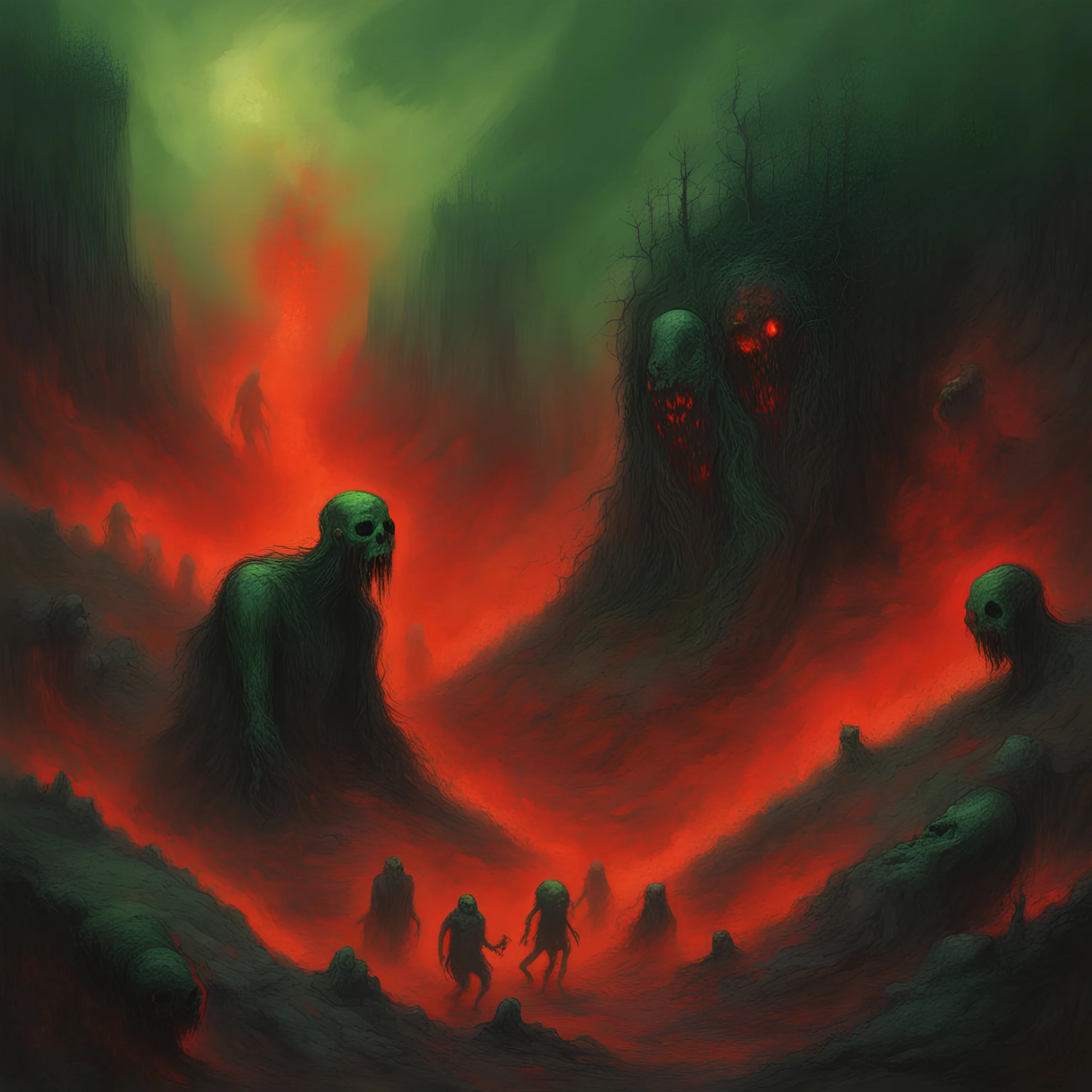 Tortured ghosts trying to escape hell , in the style of Beksinski, red and green, extremely detailed, dark, extreme horror, embers, hell rocky terrain