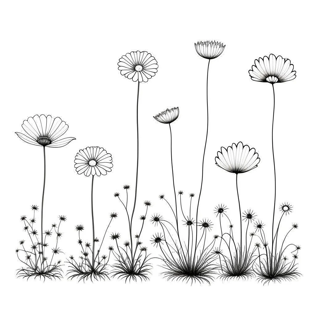 set of growing wind flower on the grace on ground, ONE lineS art, white background, minimalis, different view, only white bakcground solid.natural, aesthetic