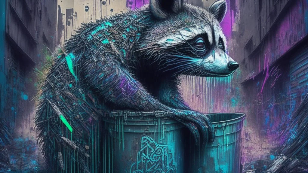 Graffiti trash panda; neo-surrealism dystopian eldritch elegant fantastical intricate hyperdetailed holographic magnificent meticulous mysterious ominous